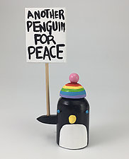 Picketing Beanie Penguins by Hilary Pfeifer (Wood Sculpture)