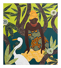 Woman and Bird at the Water by Lynne Feldman (Mixed-Media Painting)