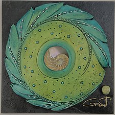 Windows to the Earth - Aqua with Nautilus Shell Center by Vicki Grant (Ceramic Wall Sculpture)
