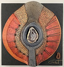 Windows to the Earth - Reds, Corals, Golds, and Blues with Teardrop Geode in Center by Vicki Grant (Ceramic Wall Sculpture)