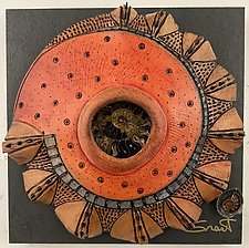 Windows to the Earth - Red and Brown Petals with Black Ammonite Center by Vicki Grant (Ceramic Wall Sculpture)
