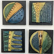Quilted Whimsies - Aqua and Gold by Vicki Grant (Ceramic Wall Sculpture)