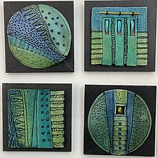 Quilted Whimsies - Aqua and Blues by Vicki Grant (Ceramic Wall Sculpture)