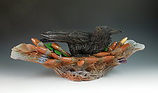 Raven Nested in Acorns by Nancy Y. Adams (Ceramic Sculpture)