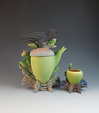 Raven on Green Acorn Teapot II by Nancy Y. Adams (Ceramic Teapot)