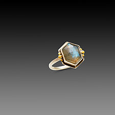 Geometric Labradorite Ring with Six Gold Dots by Ananda Khalsa (Gold, Silver & Stone Ring)