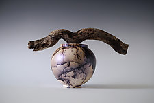 Iridescent Handmade Raku Vessel with Wooden Handle by Natalya Sevastyanova (Ceramic Vessel)