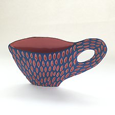 Cafe Flatte Series, Blue and Red Cup, Wall Piece by Berit Hines (Ceramic Wall Vessel)