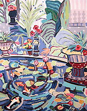 Stone Urns by the Lily Pond by Nan Hass Feldman (Acrylic Painting)