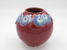 Cinnabar Vase with Blue Flowers by Dorothy Bassett (Ceramic Vase)