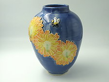 Chrysanthemums with Bumblebee and Dragonfly by Dorothy Bassett (Ceramic Vase)