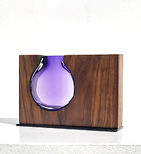 Handblown Amethyst Glass Round with Walnut Wood by Scott Slagerman (Art Glass Vase)