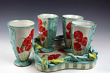 Poppy Tumblers on Vine Tray by Peggy Crago (Ceramic Tray & Drinkware)