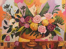 Roses and Tulips in a Copper Bowl by Gia Whitlock (Mixed-Media Painting)