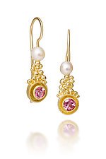Beaded Drop Earrings with Pink Tourmaline and Fresh Water Pearls by Tracy Johnson (Gold, Pearl & Stone Earrings)