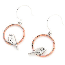 Copper Perched Chickadee Earrings by Beth Millner (Silver & Copper Earrings)