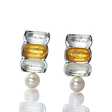 Bamboo Two Tone Pearl Earrings by Oliver Schnoor (Gold, Silver & Pearl Earrings)