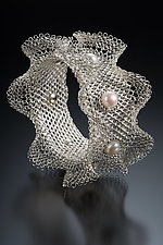Woven Double Ruffled Pearl Bangle Bracelet by Cheri Dunnigan (Silver & Pearl Bracelet)