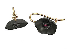 Cherry Blossom Ear Wires in Blackened Silver, 18k with Rubies by Catherine Iskiw (Silver & Stone Earrings)