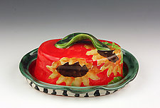 Sunflower Butter Dish with Leaf Handle by Peggy Crago (Ceramic Butter Dish)