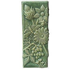 Botanical Tile in Patina Glaze by Beth Sherman (Ceramic Wall Sculpture)