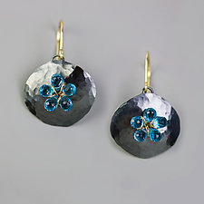 Swiss Blue Topaz Flower on Textured Pebble by Wendy Stauffer (Gold, Silver & Stone Earrings)