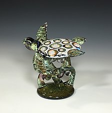 White Barnacle Turtle on Green Coral by John Gibbons (Art Glass Sculpture)