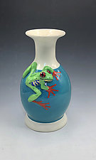 Red Eyed Tree Frog Turquoise Vase by Lisa Scroggins (Ceramic Vase)