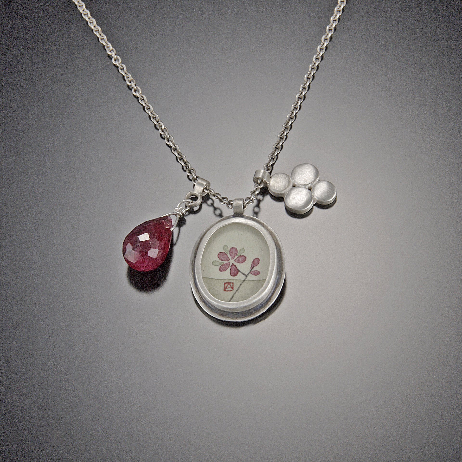 Plum Blossom Charm Necklace with Ruby Drop by Ananda Khalsa (Silver ...