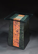 Red Patchwork Pedestal Table by David M Bowman and Reed C Bowman (Metal Side Table)