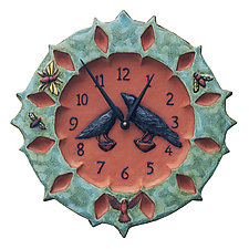 Ravens Ceramic Wall Clock in Turquoise & Terra Cotta by Beth Sherman (Ceramic Clock)