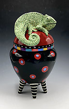 Black and Red Polka Dot Chameleon Jar on Striped Legs by Lisa Scroggins (Ceramic Vessel)