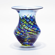 Optic Rib Urn Small Cool Lime with Cerulean by Michael Trimpol and Monique LaJeunesse (Art Glass Vessel)