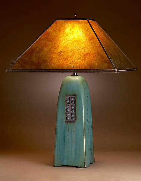 Viridian Glaze With Amber Mica Shade, Amber Mica Table Lamp Shades