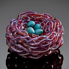 Woven Glass Bird's Nest in Amber Orchid by Demetra Theofanous (Art Glass Sculpture)