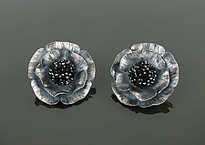 Black Spinel Tudor Rose Button Earrings by Julie Long Gallegos (Silver & Stone Earrings)
