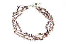 Triple Pearl Strand Necklace with Leaf Clasp by Kathleen Lynagh (Beaded Necklace)