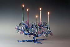 Cobalt Tree of Life Menorah with Lavender and Teal Leaves by Bandhu Scott Dunham (Art Glass Menorah)