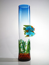 Blue Fish Vase with Sea Grass by David Leppla (Art Glass Sculpture)