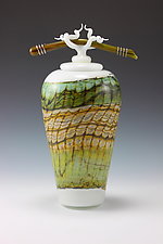 White Opal Jar with Bone and Tendril Finial by Danielle Blade and Stephen Gartner (Art Glass Vessel)