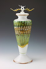 White Opal Footed Vessel with Avian Finial by Danielle Blade and Stephen Gartner (Art Glass Vessel)
