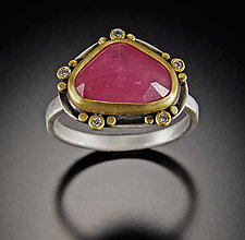 Rose Cut Pink Sapphire with Five Diamond Trios by Ananda Khalsa (Gold, Silver & Stone Ring)