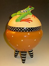 Red Eyed Tree Frog Lidded Jar on Striped Legs by Lisa Scroggins (Ceramic Vessel)