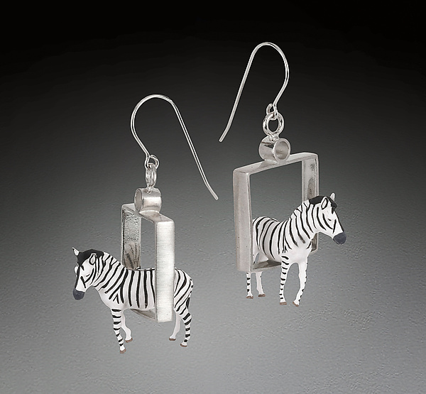 Zebras in Squares Earrings by Kristin Lora (Silver Earrings) | Artful Home