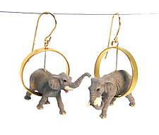 Elephants in Gold Circle Earrings by Kristin Lora (Gold & Silver Earrings)