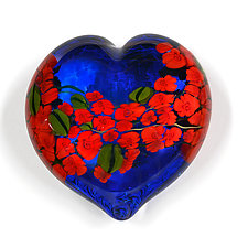Red Roses Garden Heart on Blue by Shawn Messenger (Art Glass Paperweight)