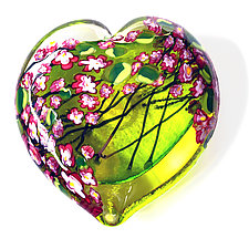 Cherry Blossom Heart Paperweight on Lime by Shawn Messenger (Art Glass Paperweight)