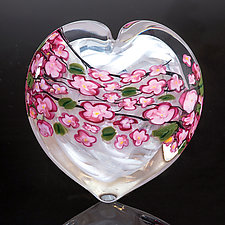 Cherry Blossom Heart on White by Shawn Messenger (Art Glass Paperweight)