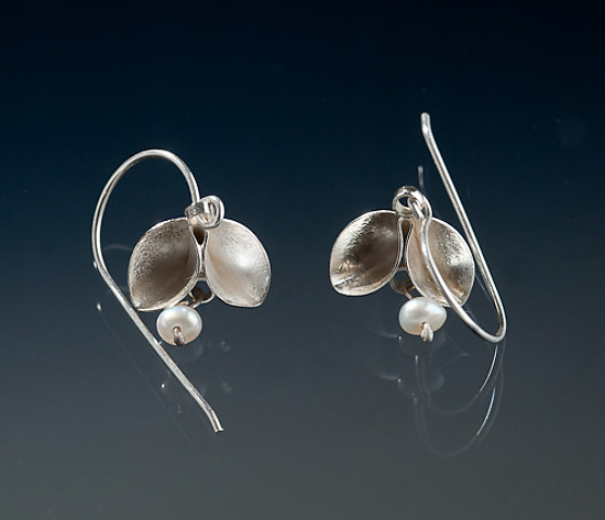 Folded Single Leaf Dangle Earrings with Pearls by Sadie Wang (Silver ...