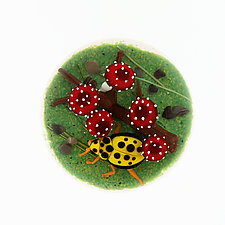 Yellow Ladybug with Fanciful Mushrooms Miniature Paperweight by Clinton Smith (Art Glass Paperweight)